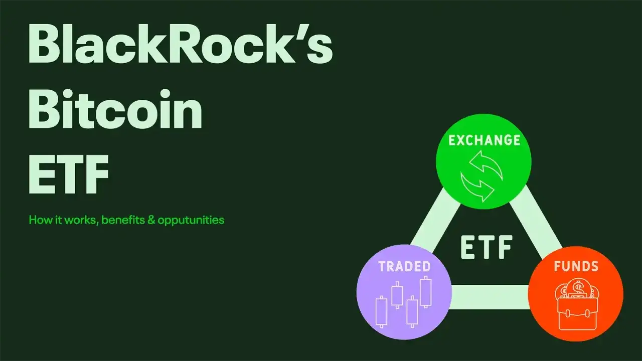 Grafika przedstawia schemat BlackRock's Bitcoin ETF. Pokazuje wymianę, fundusze i handel, wyjaśniając działanie i możliwości.