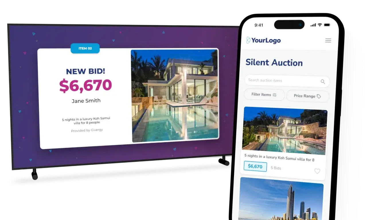 A silent auction app shows a luxury villa bid of $6,670. This display helps determine how long should a silent auction last.