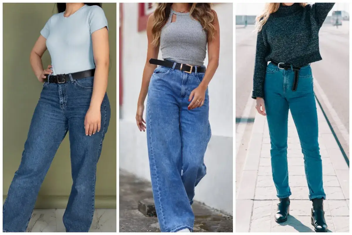 Tres mujeres lucen vaqueros mujer que sientan bien, en diferentes estilos y cortes, combinados con tops y cinturones.