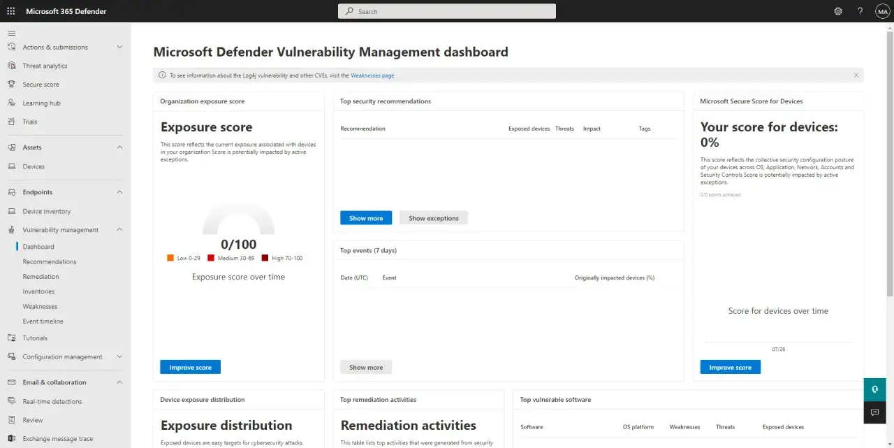 Tableau de bord de gestion des vulnérabilités Microsoft Defender. Le score d'exposition des edr windows est de 0/100.