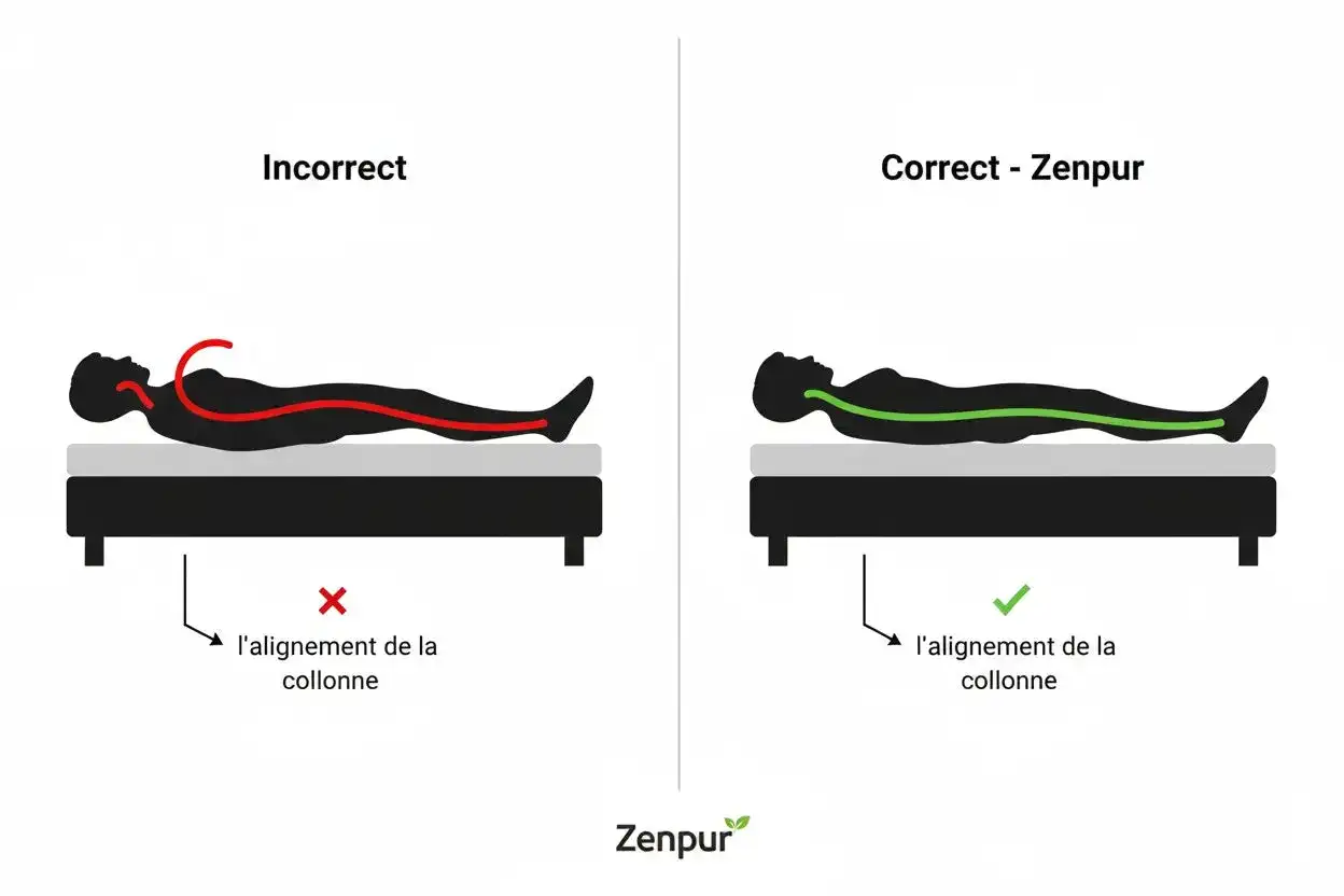 Illustration montrant comment bien dormir pour éviter le mal de dos. Un mauvais alignement de la colonne vertébrale (rouge) vs un bon alignement (vert).