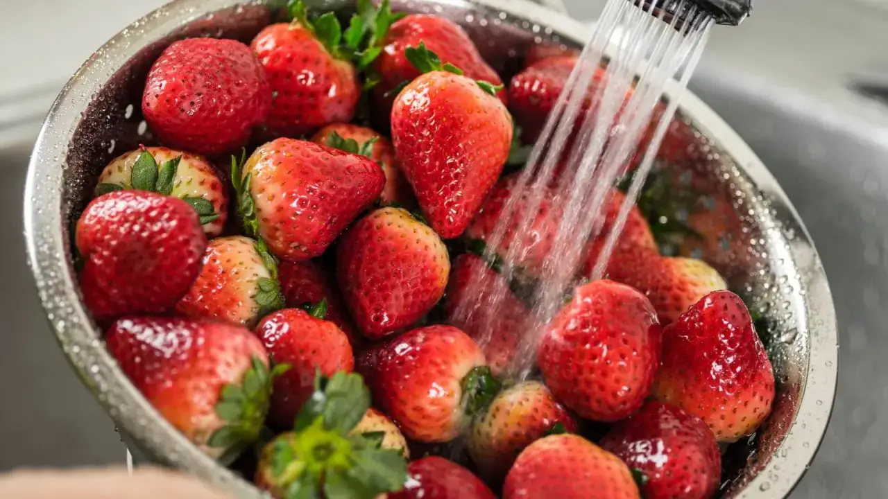 Fragole rosse e succose vengono lavate sotto un getto d'acqua in un colino. Un'immagine che evoca la freschezza e la bont&agrave;, perfetta per chi sogna fragole in gravidanza.