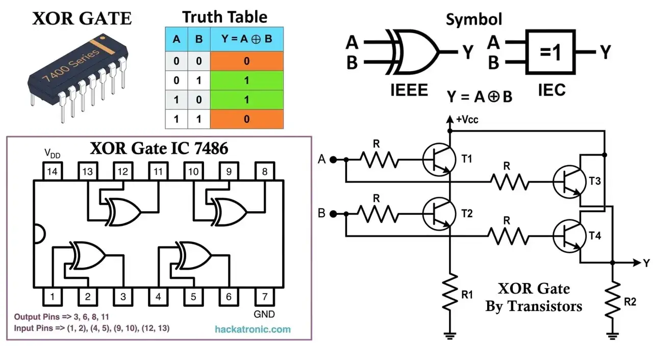 Schemat bramki XOR, jej tablica prawdy, symbole IEEE i IEC, układ scalony 7486 oraz implementacja tranzystorowa.
