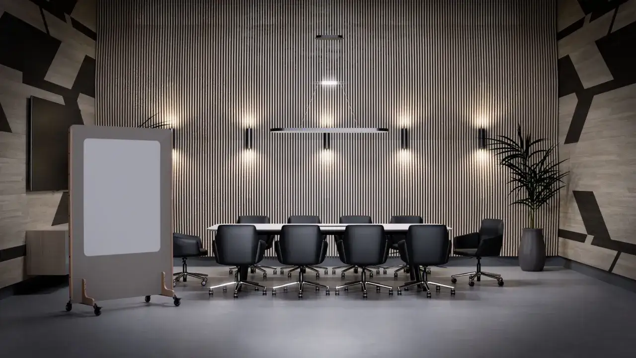 Salle de r&eacute;union moderne avec table ovale, chaises noires et tableau blanc mobile. L'espace est con&ccedil;u pour des bureaux en open space dynamiques.