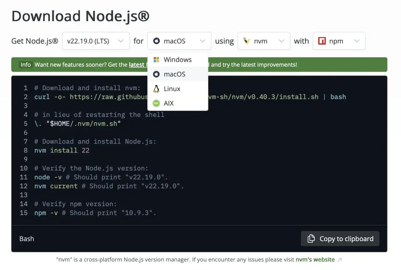 Instructions pour installer Node.js avec nvm sur macOS.