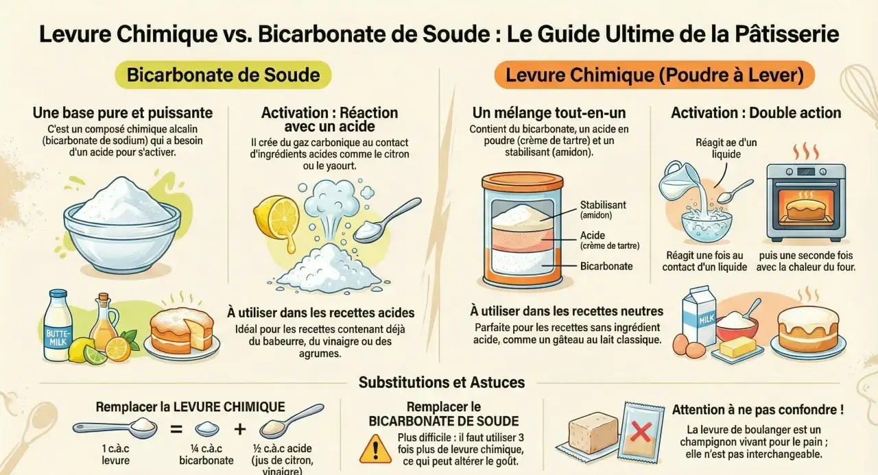 Le bicarbonate de soude, une base alcaline, r&eacute;agit avec les acides pour cr&eacute;er du gaz. La levure chimique, un m&eacute;lange tout-en-un, r&eacute;agit d'abord avec le liquide, puis avec la chaleur du four.
