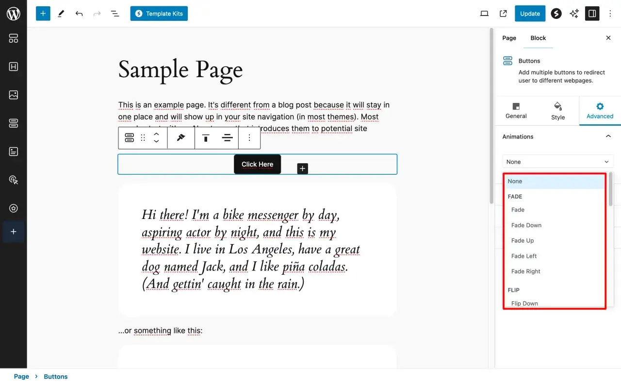 Dans l'interface de Spectra pour WordPress, on sélectionne une animation pour un bouton.