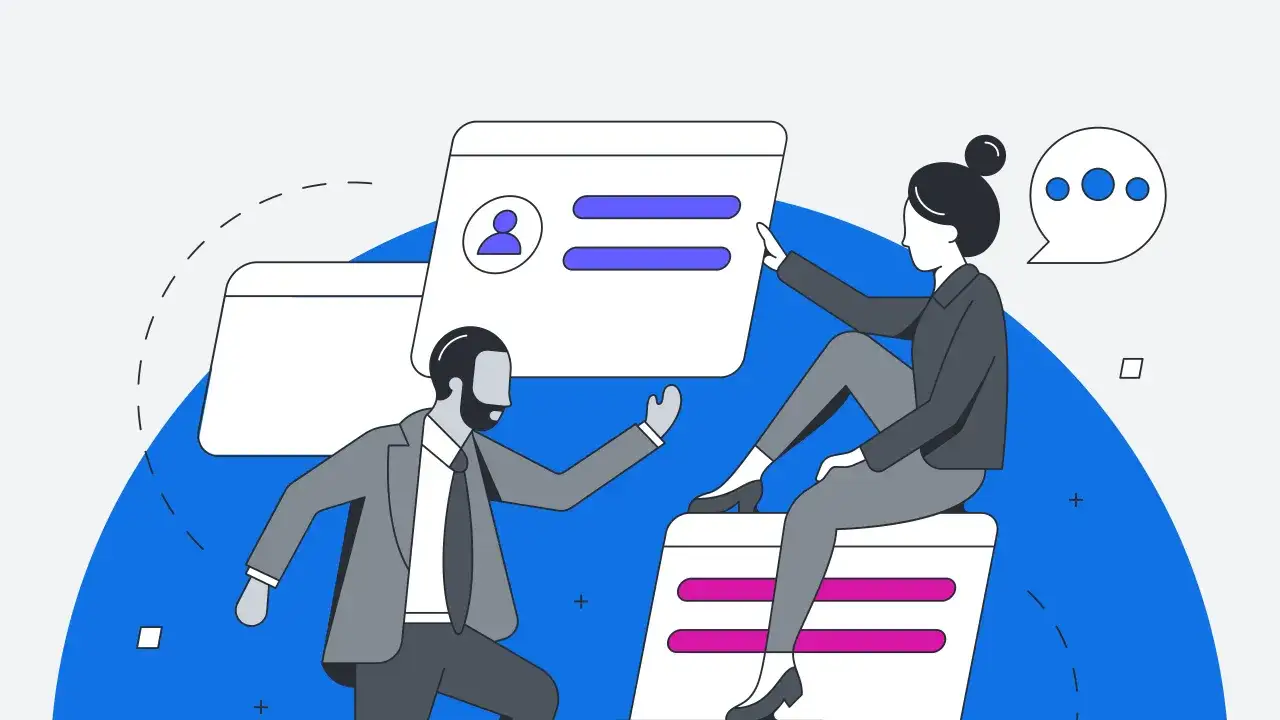 Dos personas interact&uacute;an con interfaces digitales, representando la **comunicaci&oacute;n interna en una empresa**.