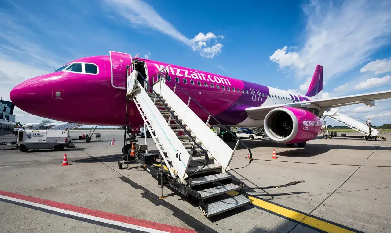 Różowy samolot Wizz Air na lotnisku. Czas lotu do Londynu z Warszawy to ok. 2,5 godziny.