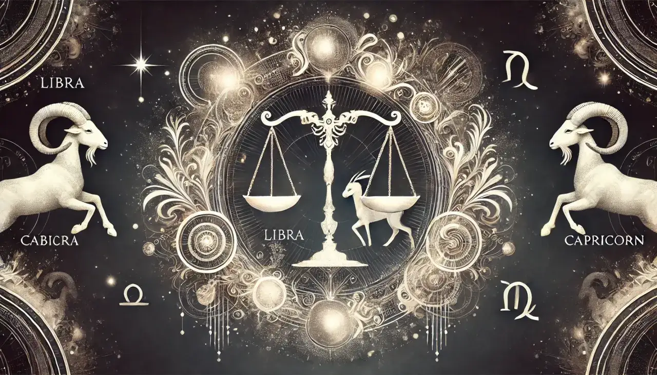 Waga i koziorożec w mistycznej oprawie. Symbolika zodiaku na tle kosmicznych wzorów.