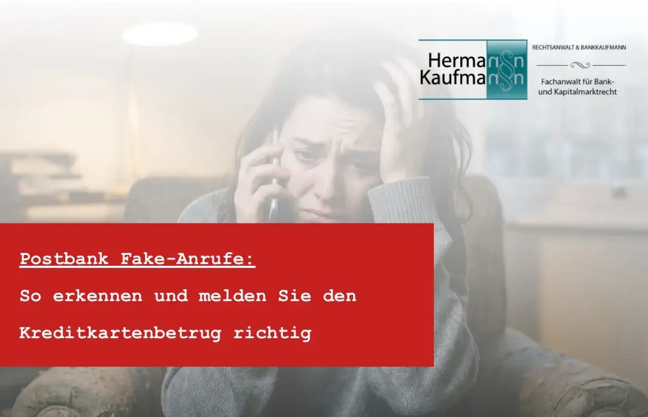 Verzweifelte Frau am Telefon, die weint. Text warnt vor Postbank Fake-Anrufen und Kreditkartenbetrug. Beispiele für Vishing.