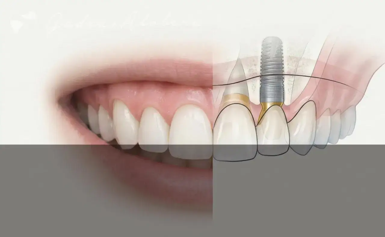 Ilustración de un implante dental insertado en el hueso, mostrando cómo soluciona la encía retraída y restaura la sonrisa.