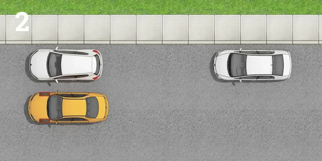 Steg 2: En gul bil står bredvid en vit bil, redo att lära sig hur man fickparkerar.