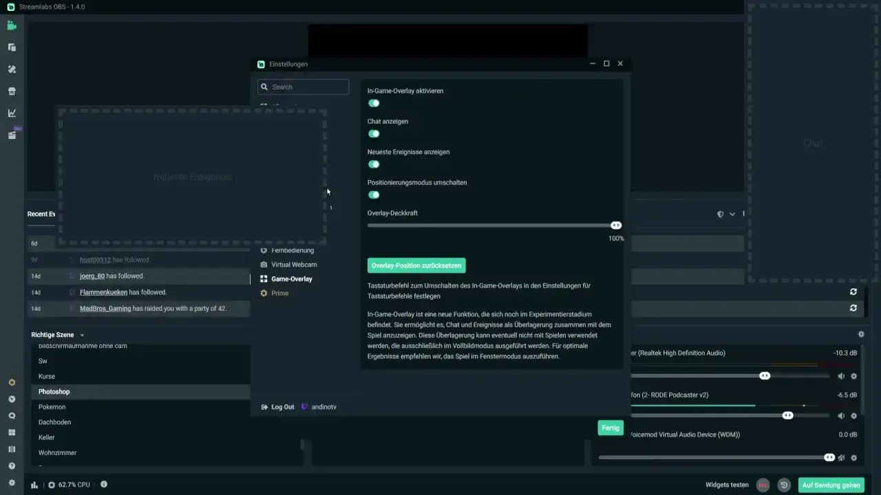 Ustawienia Streamlabs OBS pokazują, jak aktywować dostęp do społeczności Steam w grze, włączając nakładkę gry i czat.