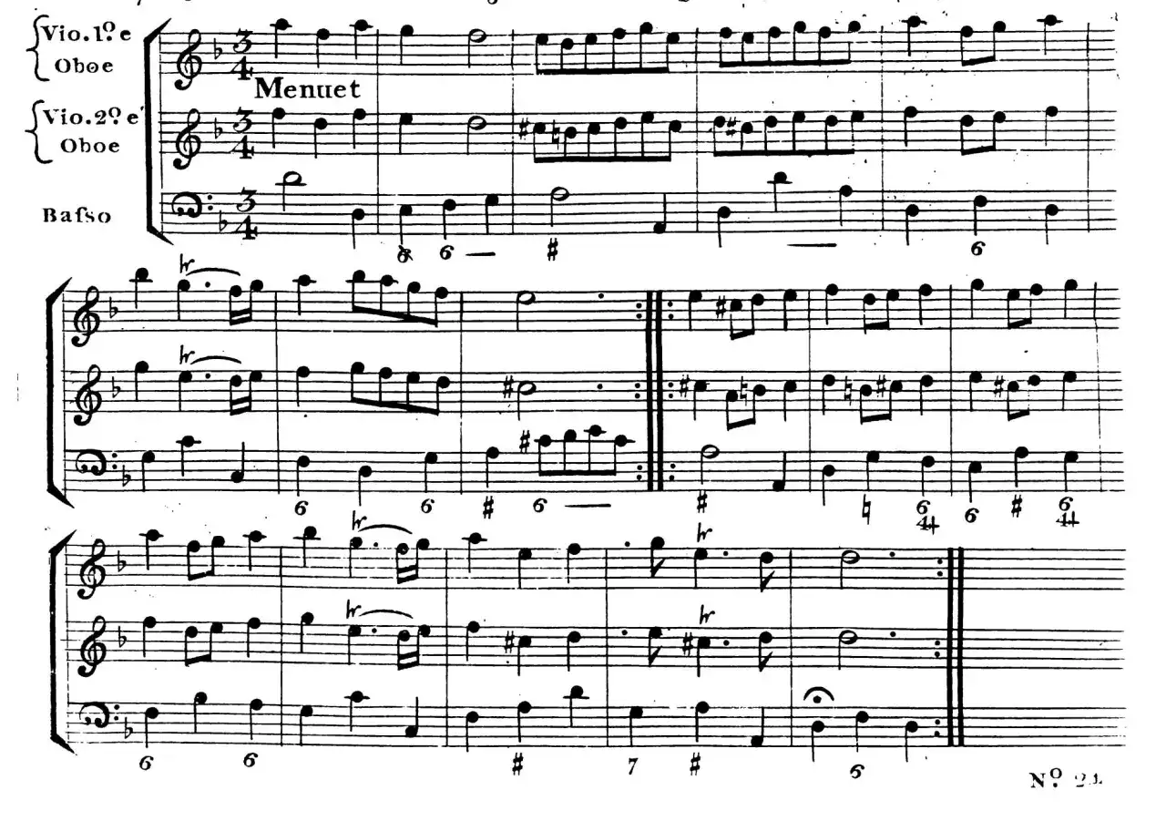 Partition de menuet pour violon, hautbois et basse. Un exemple d'hémiole rythmique est visible dans la partie de basse.