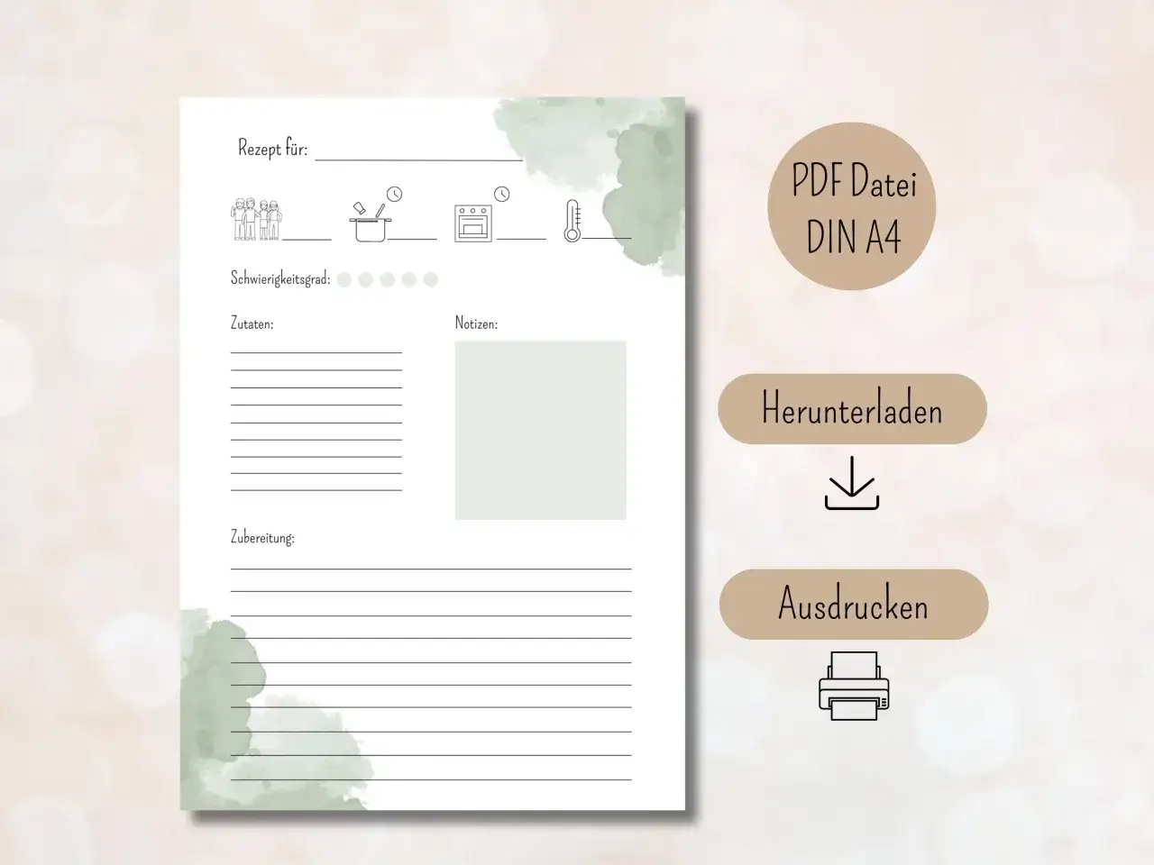 Rezeptvorlage im A4-Format mit Feldern für Zutaten, Zubereitung und Notizen. Ideal zum Ausdrucken und Archivieren deiner Lieblingsrezepte.