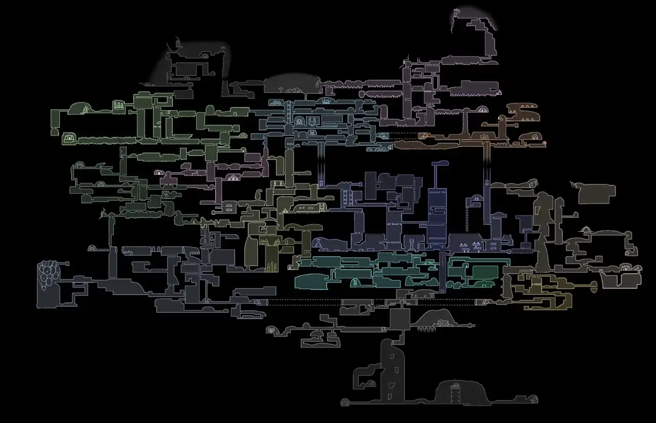 Mapa detallado de Hallownest, un laberíntico mundo subterráneo. ¿Cuánto dura Hollow Knight? Explorar cada rincón puede llevarte muchas horas.