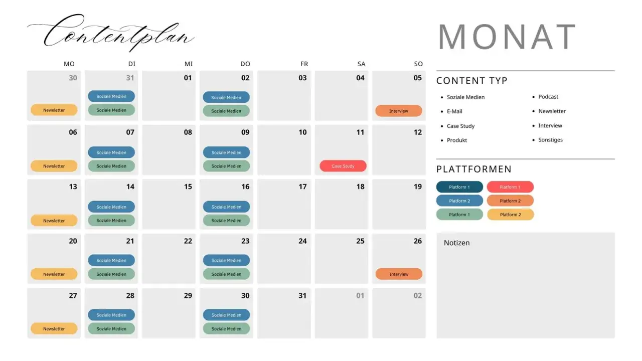Ein druckbarer Monatskalender mit Content-Planung: Soziale Medien, Newsletter, Interviews und Case Studies sind geplant.