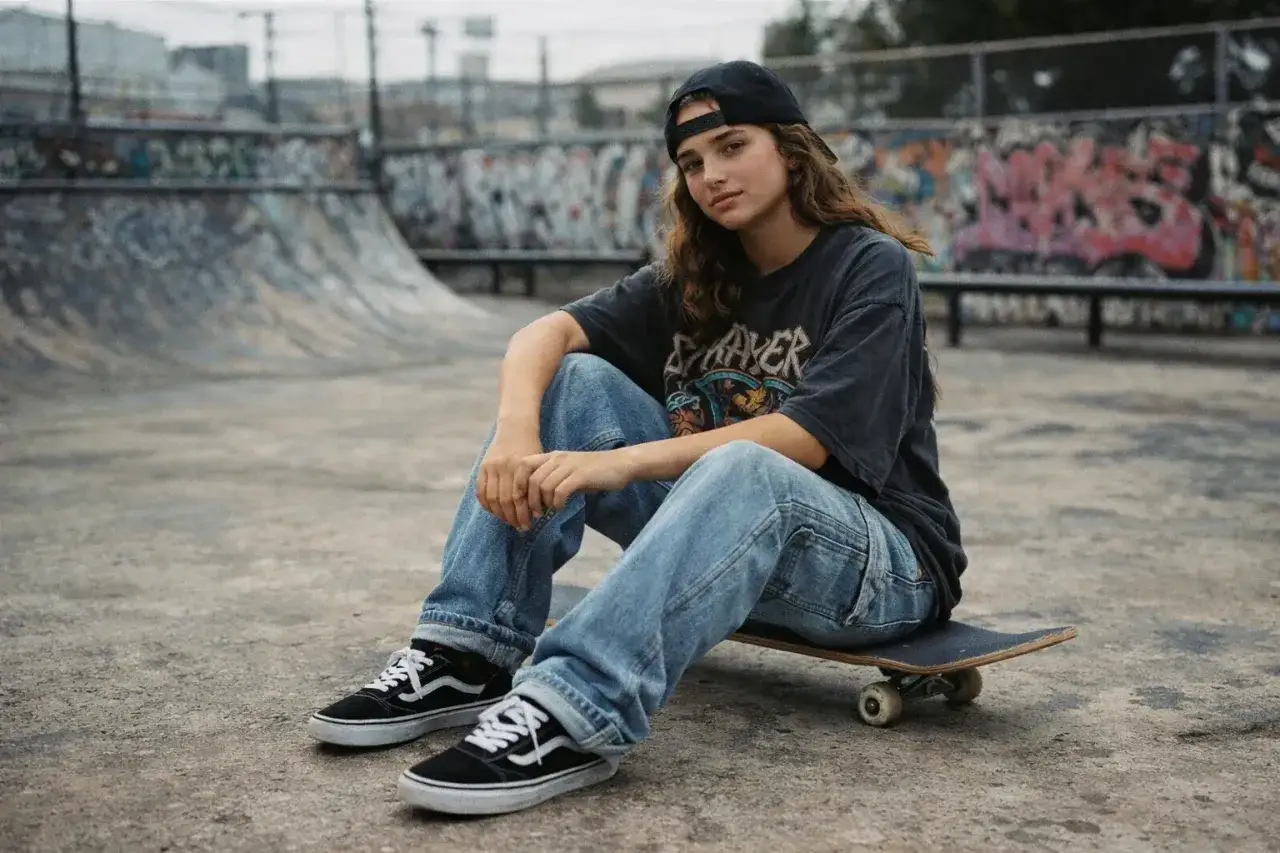 Dziewczyna w czapce z daszkiem i luźnych jeansach, siedząca na deskorolce. Jej styl to kwintesencja skate.