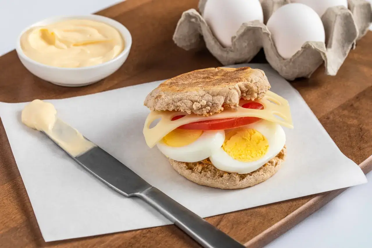 Un sandwich oeuf dur, fromage et tomate sur un muffin anglais, pr&ecirc;t &agrave; &ecirc;tre d&eacute;gust&eacute;.