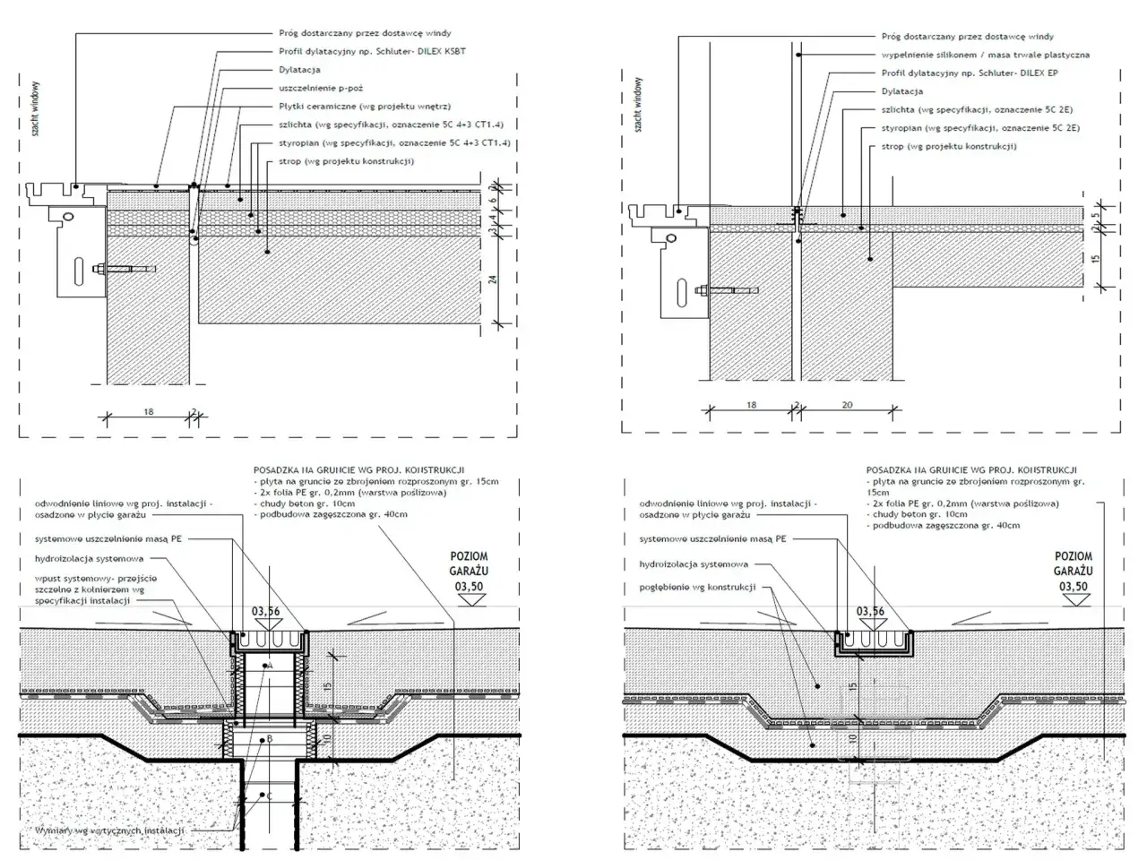 Przekroje techniczne detali posadzki garażowej z widoczną podbudową zagęszczoną o grubości 40cm.