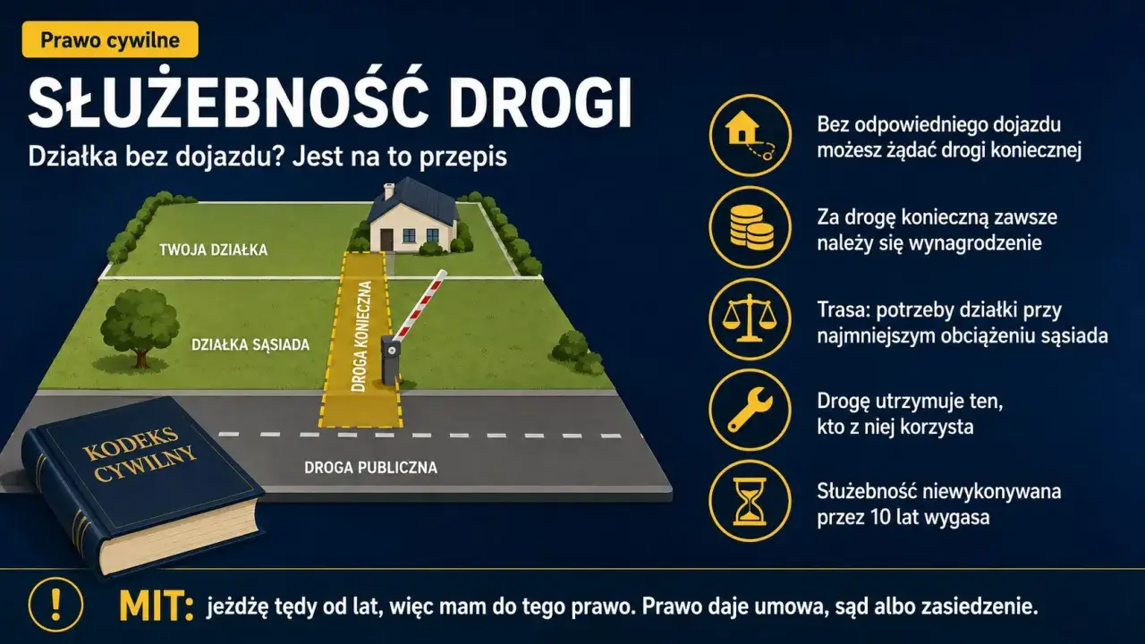 Ilustracja pokazuje drogę konieczną, czyli drogę dojazdową do działki, gdy brakuje innego wyjazdu.