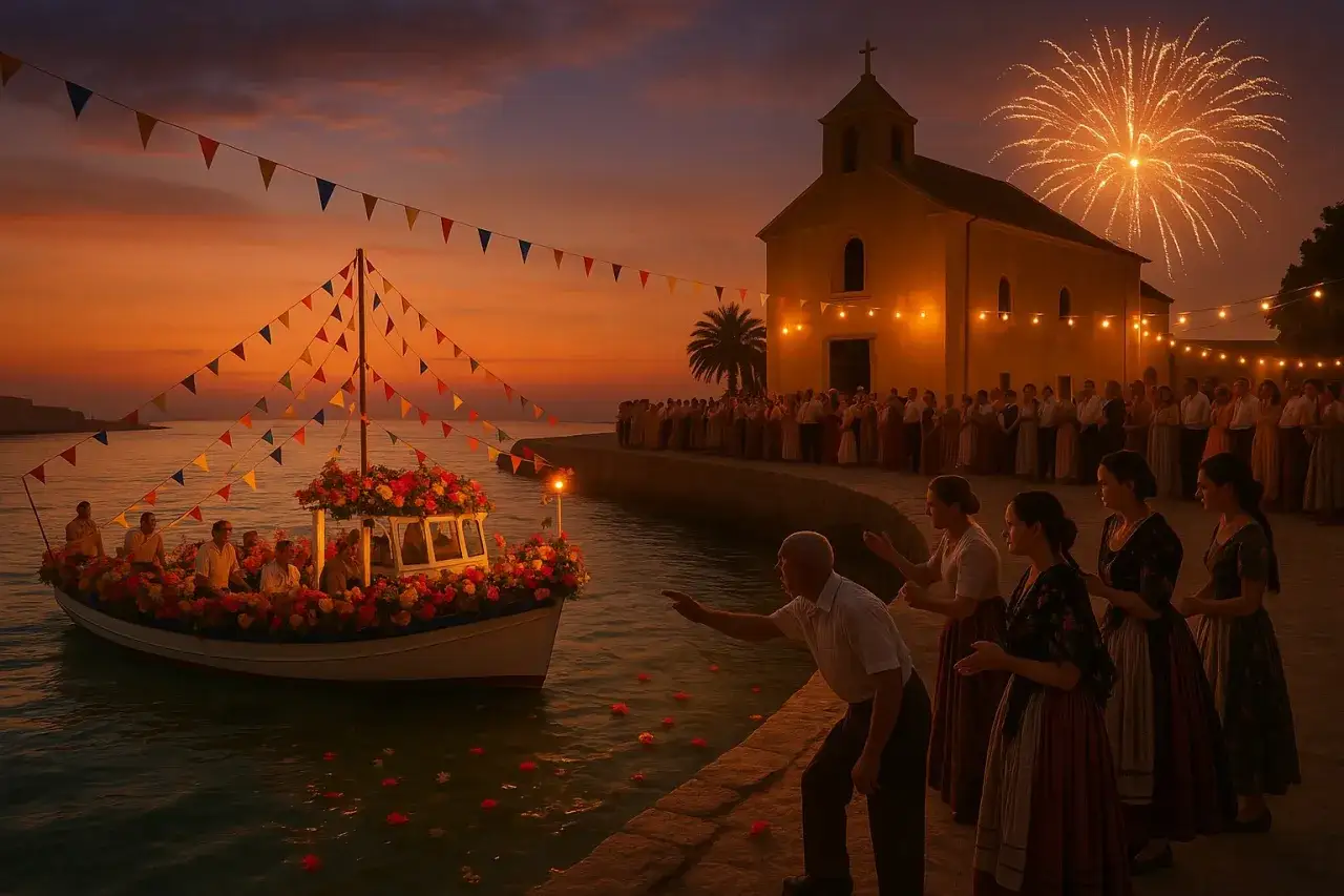 Barco engalanado con flores navega al atardecer, mientras gente observa en tierra. Fuegos artificiales iluminan el cielo, celebrando las fiestas de Tabarca.