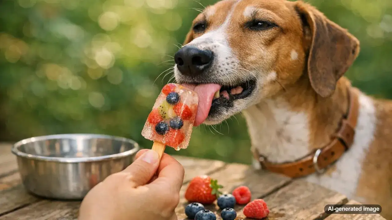 Pies z rozkoszą liże lodowy przysmak z owocami. Czy pies może jeść lody? Ten wygląda na zadowolonego!