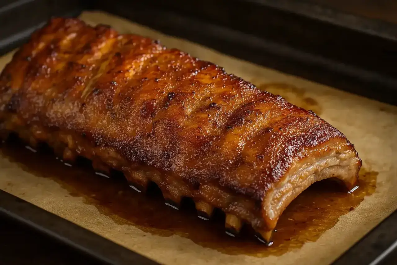 Un plat de spare ribs caram&eacute;lis&eacute;s, brillants et juteux, pr&ecirc;ts &agrave; &ecirc;tre d&eacute;gust&eacute;s.