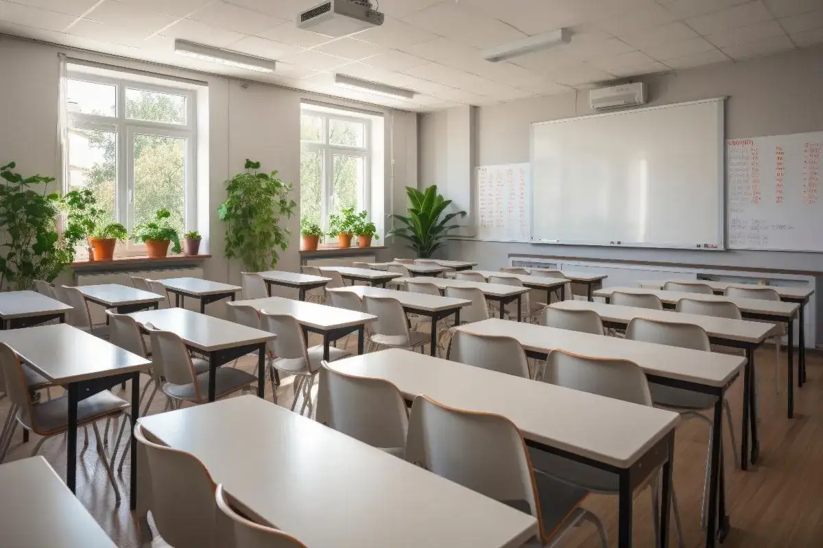 Aula vac&iacute;a con pupitres y dos tipos de pizarras: una grande blanca y otra lateral con escritura.