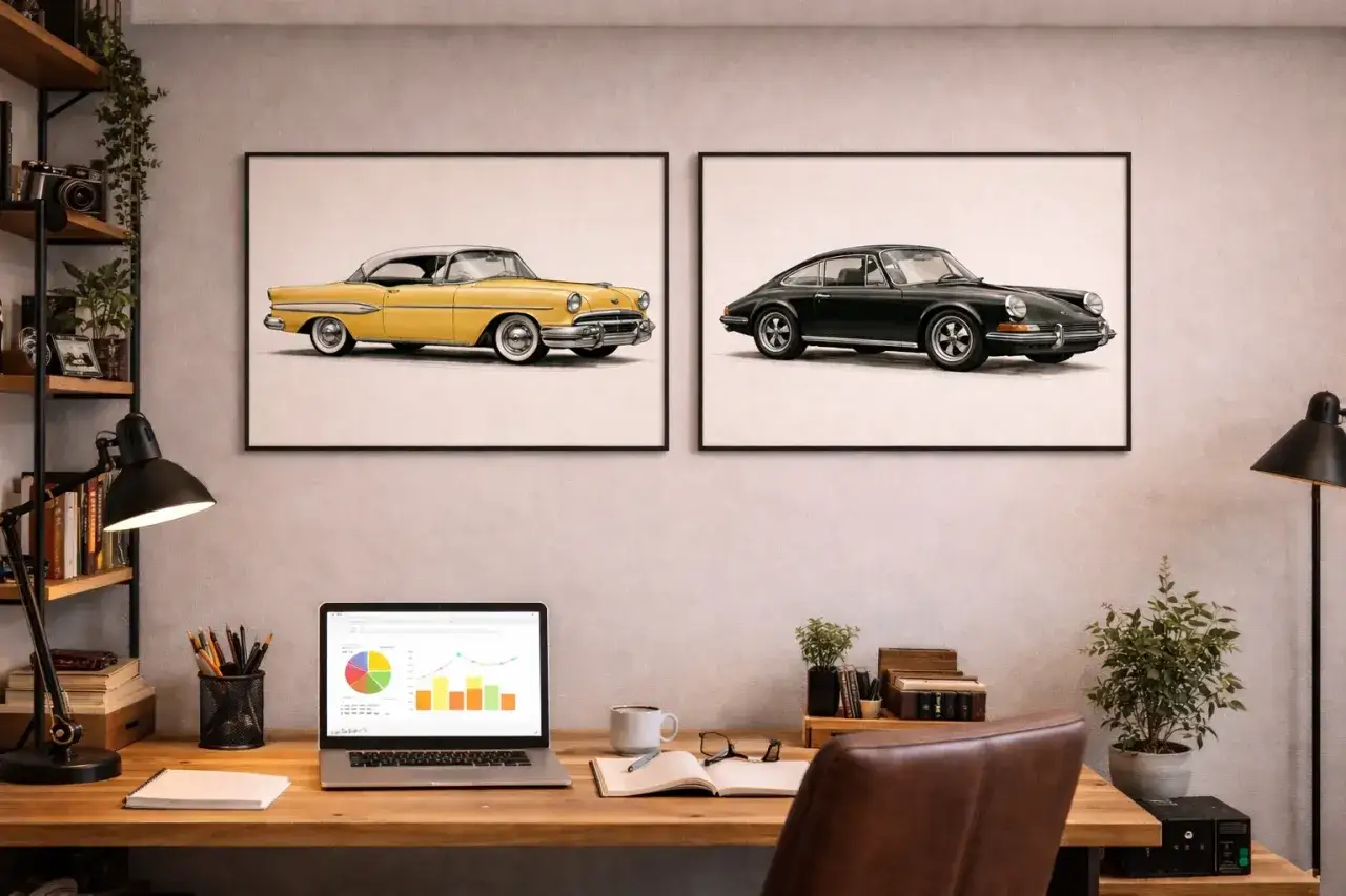 Dwa plakaty z samochodami na ścianę: żółty klasyk i czarne Porsche. Idealne dla miłośników motoryzacji.