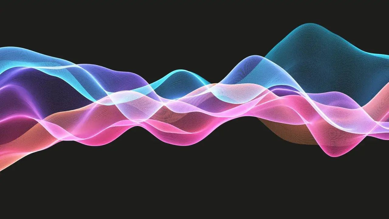 Abstrakte, leuchtende Wellen in Blau, Lila und Rosa, die sich wie ein **reverb effect** &uuml;ber einen schwarzen Hintergrund schl&auml;ngeln.