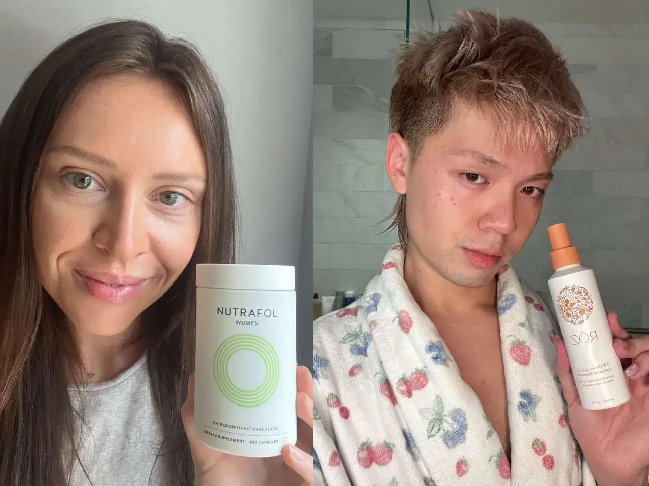 Kobieta z Nutrafol i mężczyzna z produktem do włos&oacute;w. Obaj walczą z obciążonymi włosami, szukając rozwiązań.