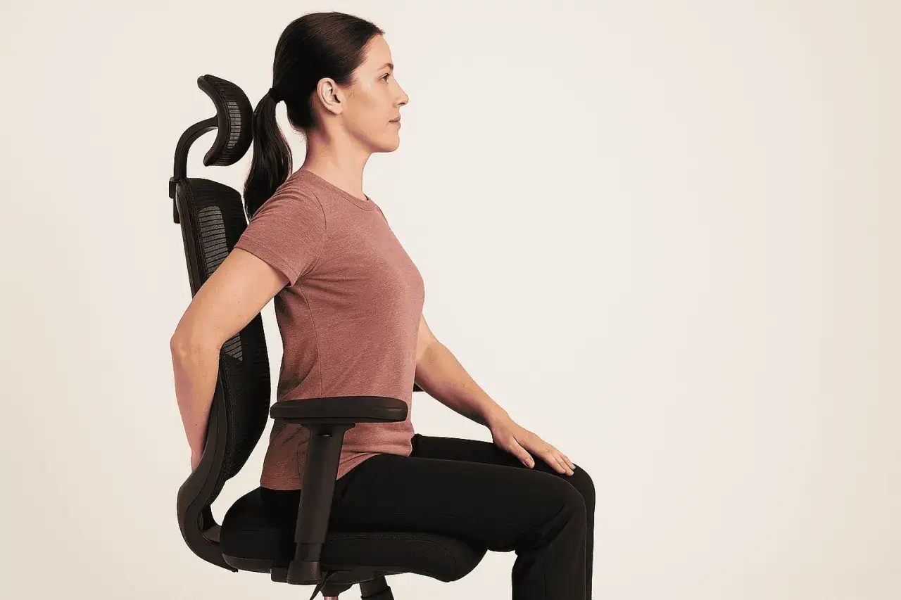 Donna seduta su una sedia ergonomica, con le mani dietro la schiena, in una posizione che pu&ograve; alleviare i sintomi cervicali.