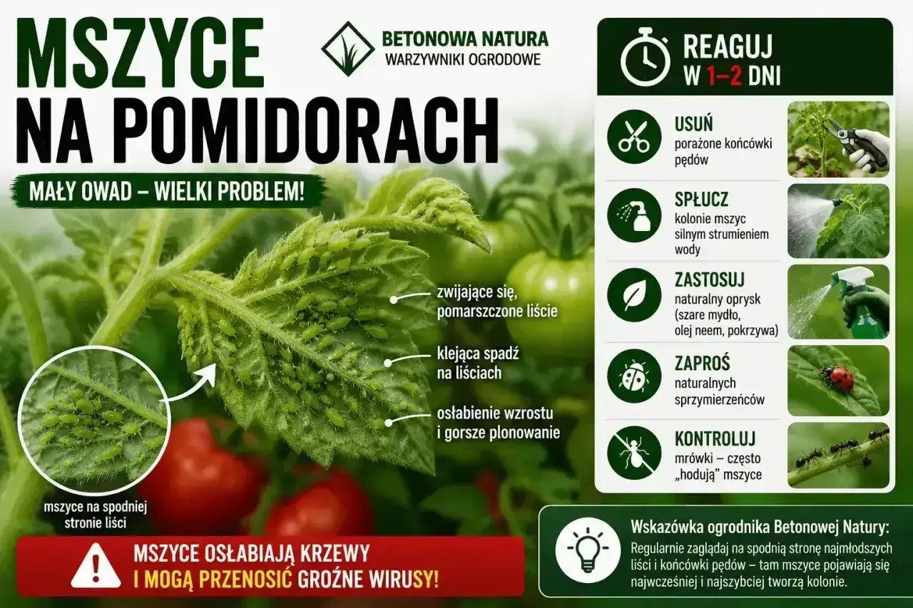 Mszyce na pomidorach żerują na liściach, powodując ich zwijanie i klejącą spadź. Mały owad, wielki problem dla roślin.