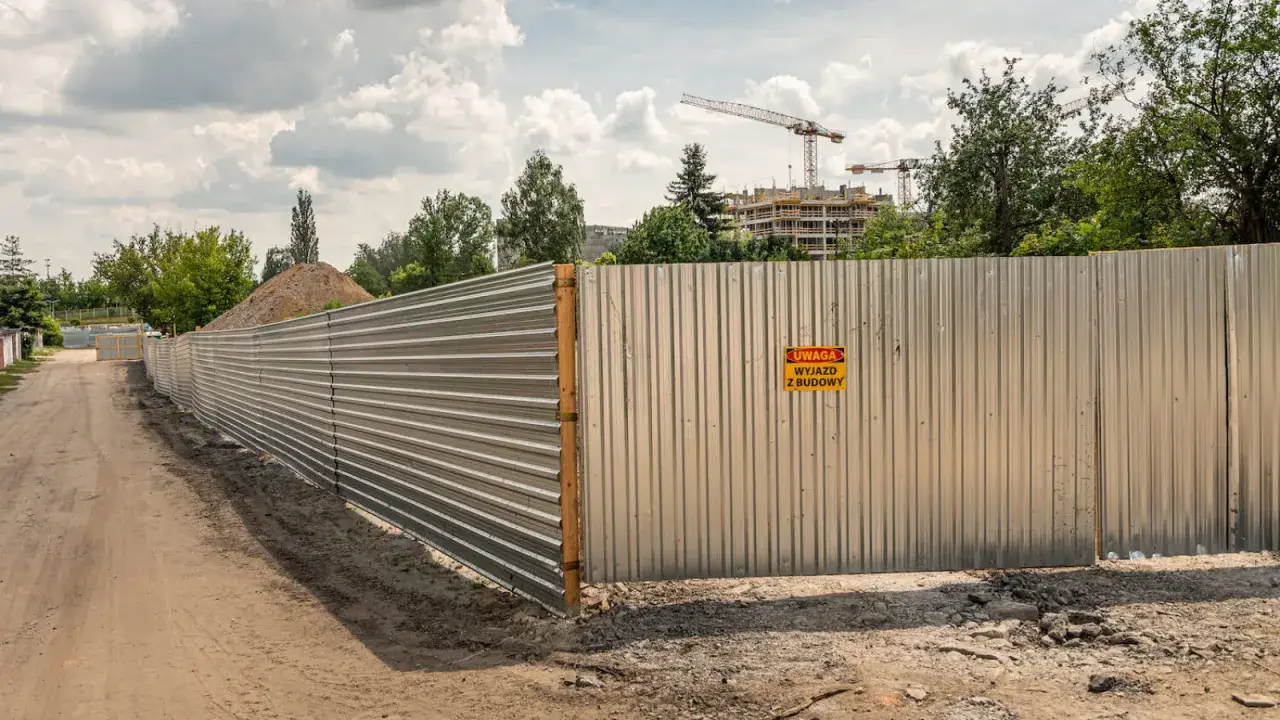 Metalowe ogrodzenie placu budowy z tabliczką 
