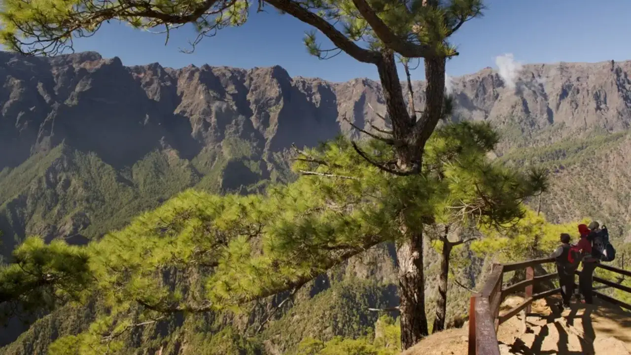 Un mirador con vistas a un paisaje montañoso y frondoso. Tres personas observan el horizonte, un ejemplo de **que ver en La Palma**.