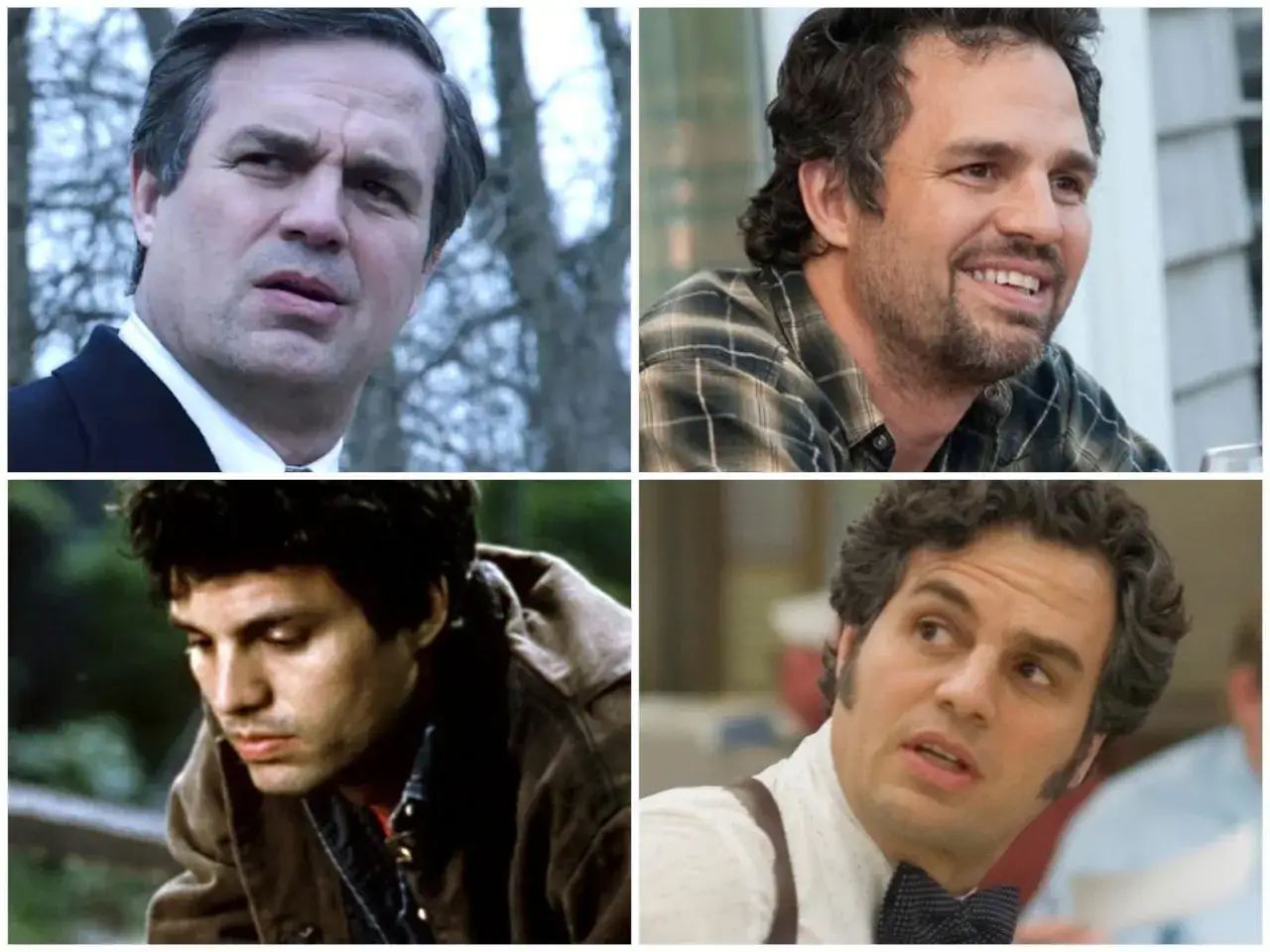 Mark Ruffalo w czterech odsłonach: poważny, uśmiechnięty, zamyślony i w stroju z muszką. Jego filmy, seriale i programy to bogactwo ról.