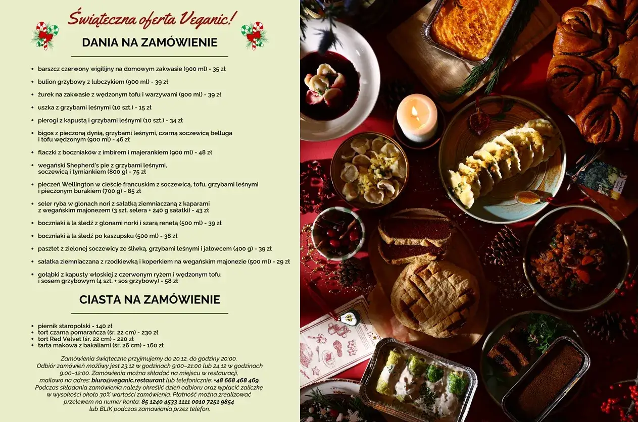 Wigilijne menu vegan: pierogi, barszcz, bigos, pasztet i ciasta. Zamów świąteczne dania na wynos.