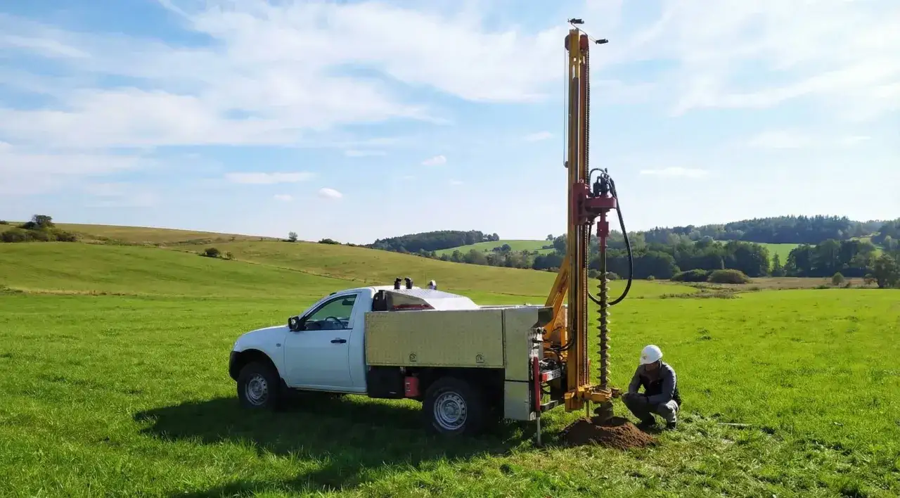 Pracownik w kasku nadzoruje odwierty geotechniczne w malowniczej, zielonej dolinie.