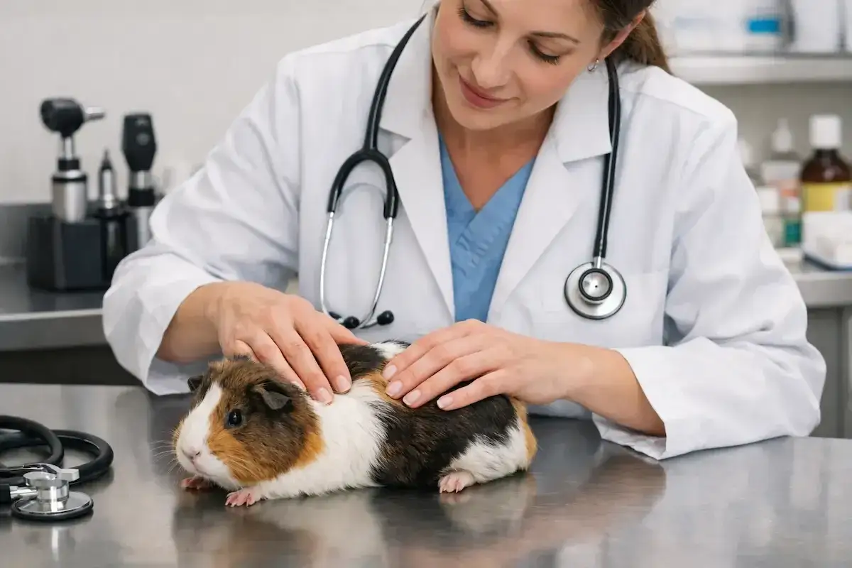 Vétérinaire examinant un cochon d'Inde, peut-être pour un cas de constipation.