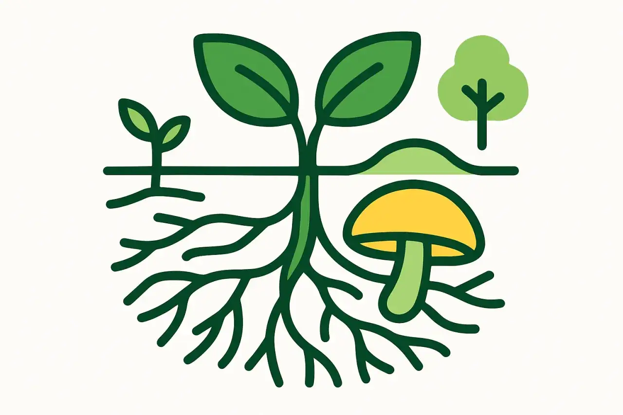 Ilustracja przedstawia korzenie rośliny i grzyba, symbolizujące symbiozę mikoryzy.