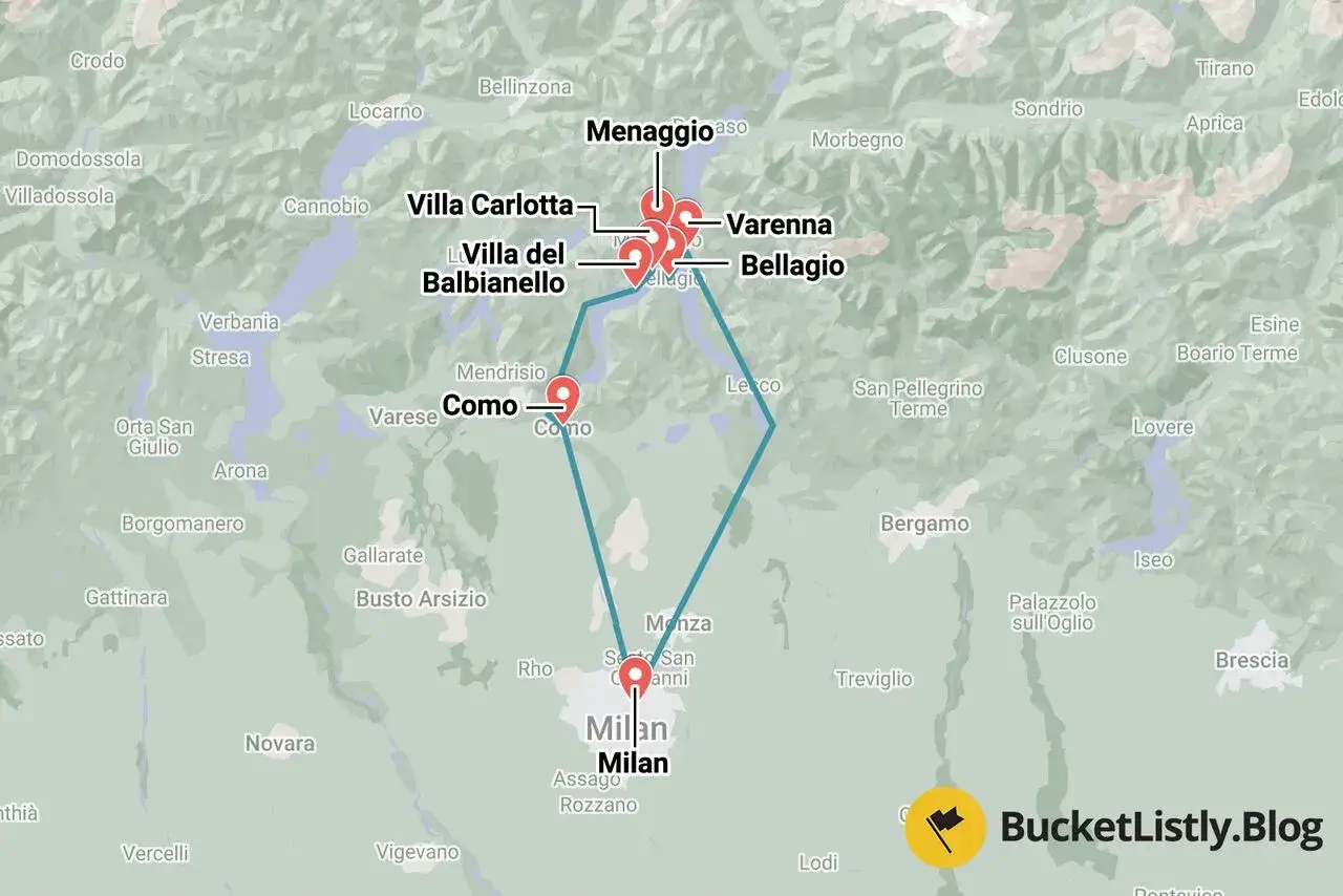 Trasa podróży: Bergamo, Mediolan, Como, Bellagio, Varenna, Menaggio, Villa Carlotta, Villa del Balbianello.