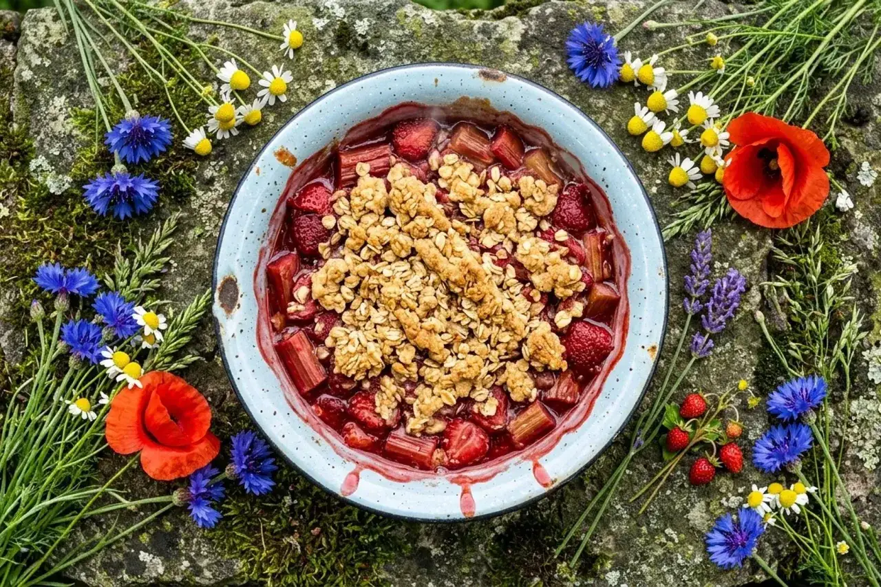 Erdbeer-Rhabarber-Crumble in einer Schüssel, umgeben von Wildblumen und Kräutern auf moosbewachsenem Stein. Ein Genuss für Augen und Gaumen.
