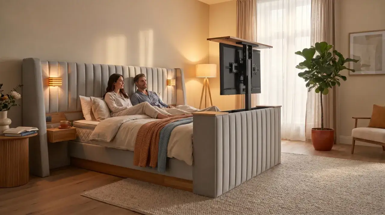 Ein Paar entspannt im Bett, w&auml;hrend ein **Fernseher im Schlafzimmer** aus einem Bettgestell f&auml;hrt.