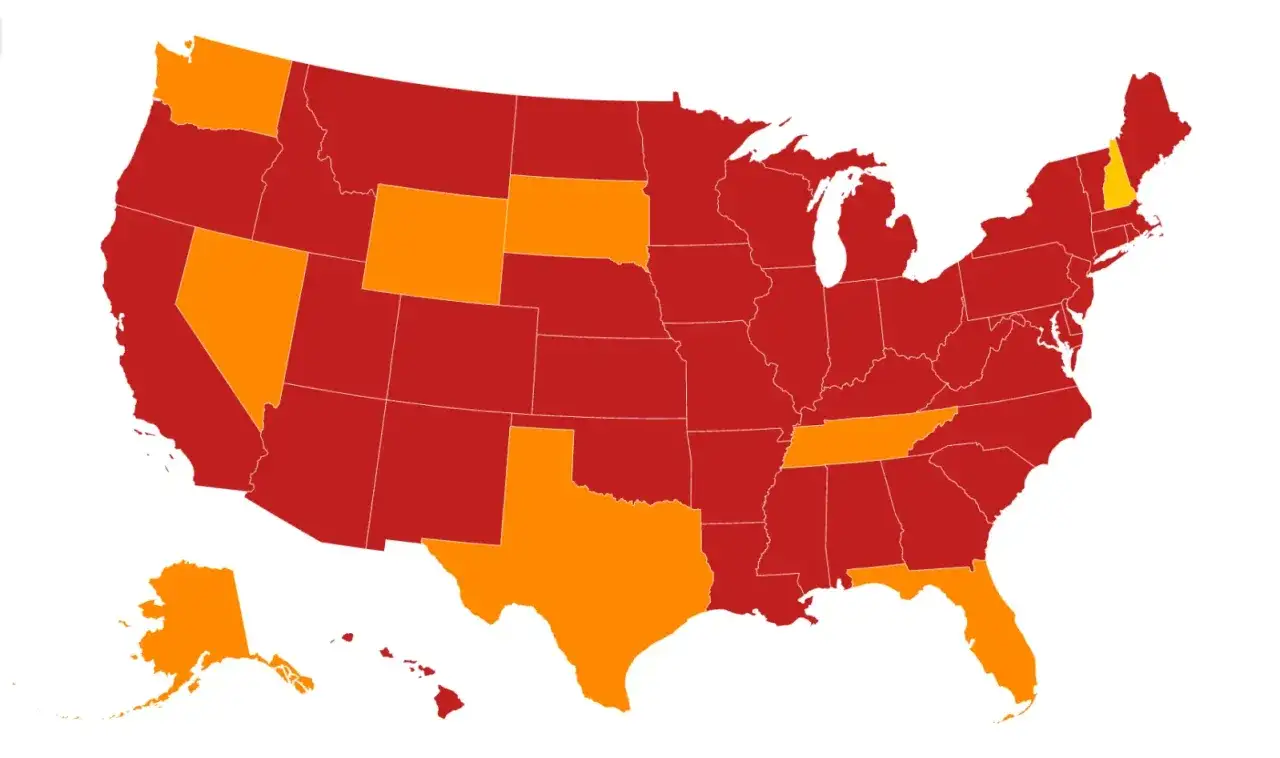 Map of the US highlighting no state tax states in orange: Alaska, Nevada, Texas, Florida, Tennessee, New Hampshire, and South Dakota.