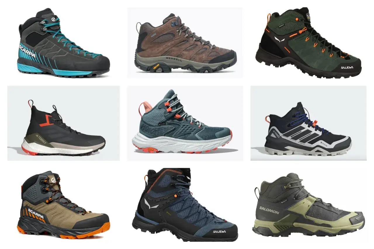 Kolekcja różnych modeli butów na wycieczki w góry, od znanych marek jak Scarpa, Merrell, Salewa, Adidas Terrex i Salomon.