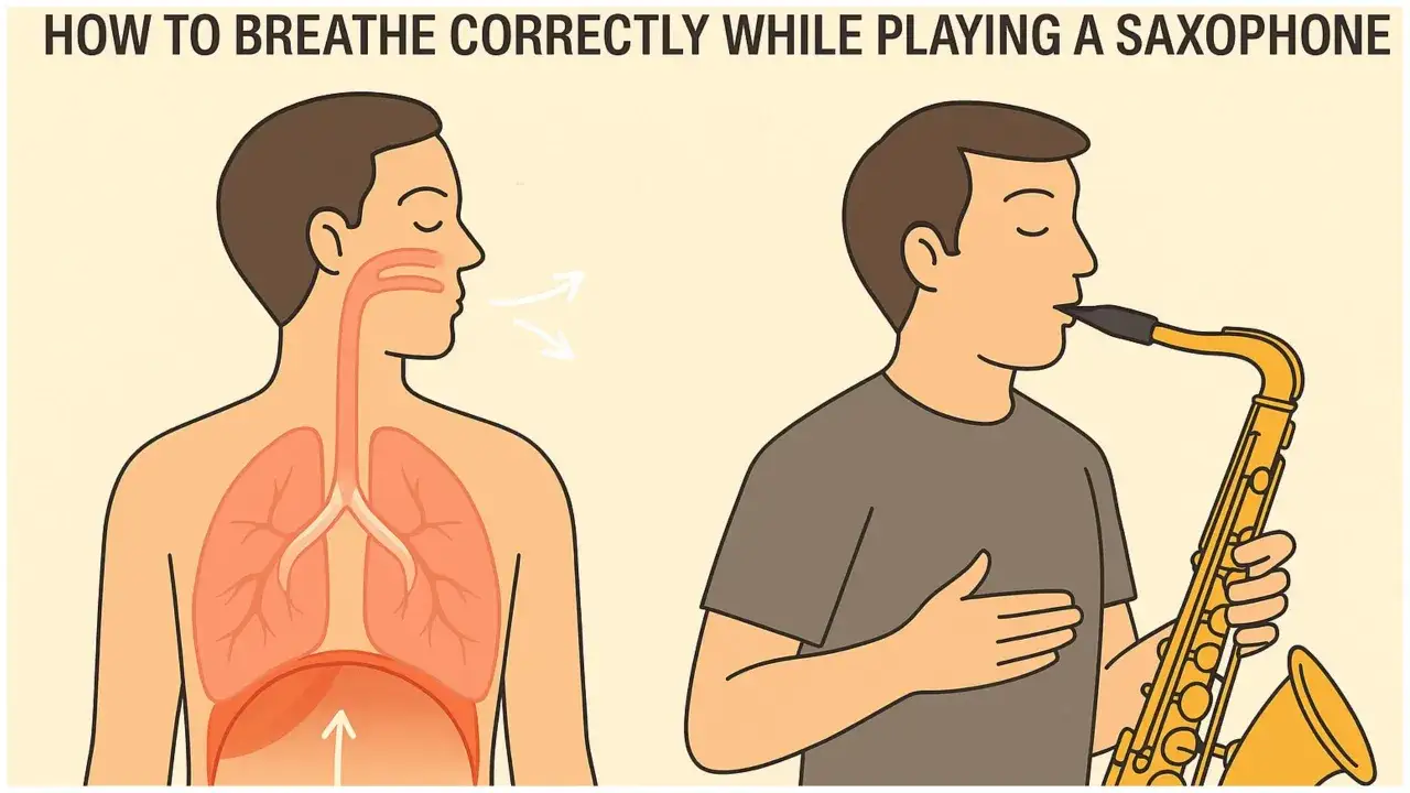 Illustrazione mostra la respirazione corretta per suonare il sax. È difficile suonare il sax senza una buona tecnica respiratoria.