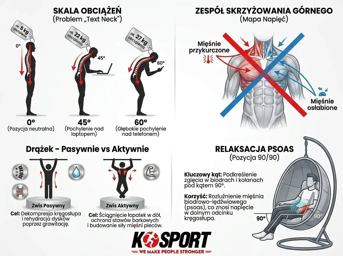 Ilustracja pokazuje obciążenie kręgosłupa przy różnych pochyleniach głowy, od pozycji neutralnej po głębokie pochylenie, które może prowadzić do sway back.