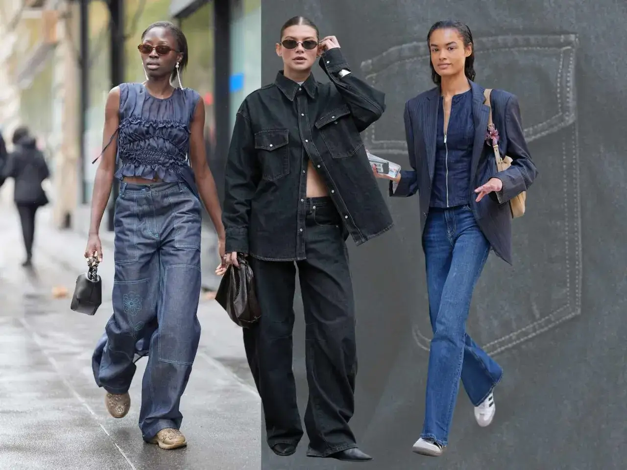 Trzy kobiety prezentują modne stylizacje z jeansami: szerokie spodnie z aplikacją, czarny total look i jeansy z marynarką.